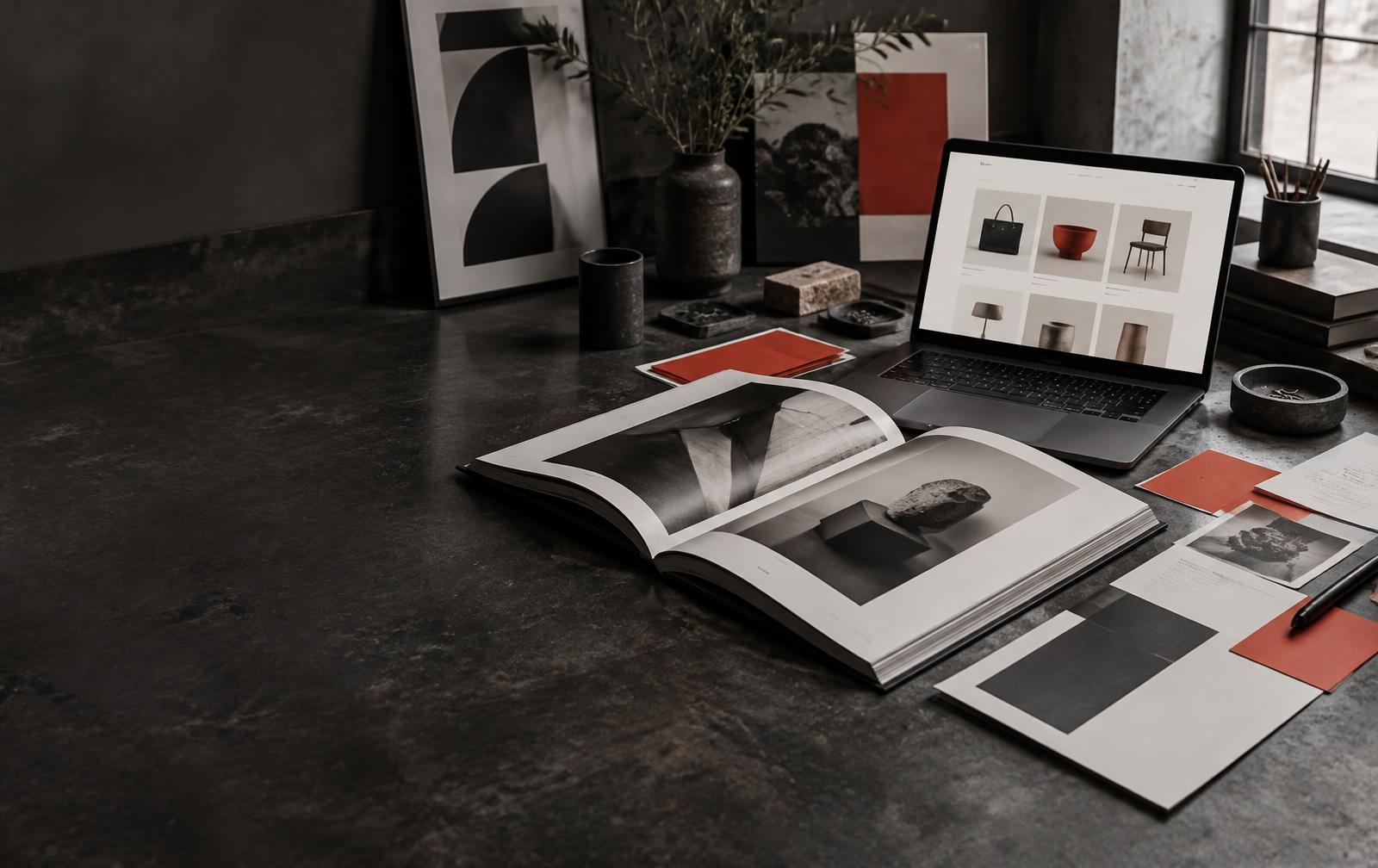 Creative studio desk with editorial design, brand materials and an e-commerce storefront
